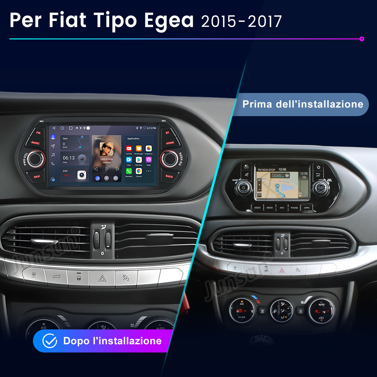 Confronto del cruscotto di un'auto prima e dopo l'installazione. Mostra le funzioni di navigazione, radio e media.