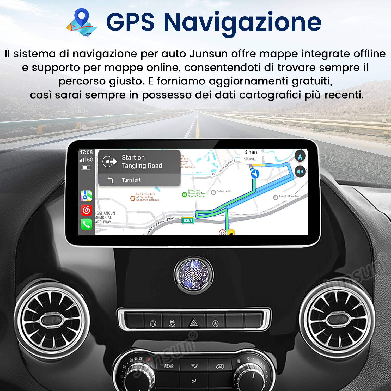 Cruscotto dell'auto con schermo di navigazione GPS che mostra un percorso. Lo schermo è montato su un cruscotto nero, con prese d'aria.