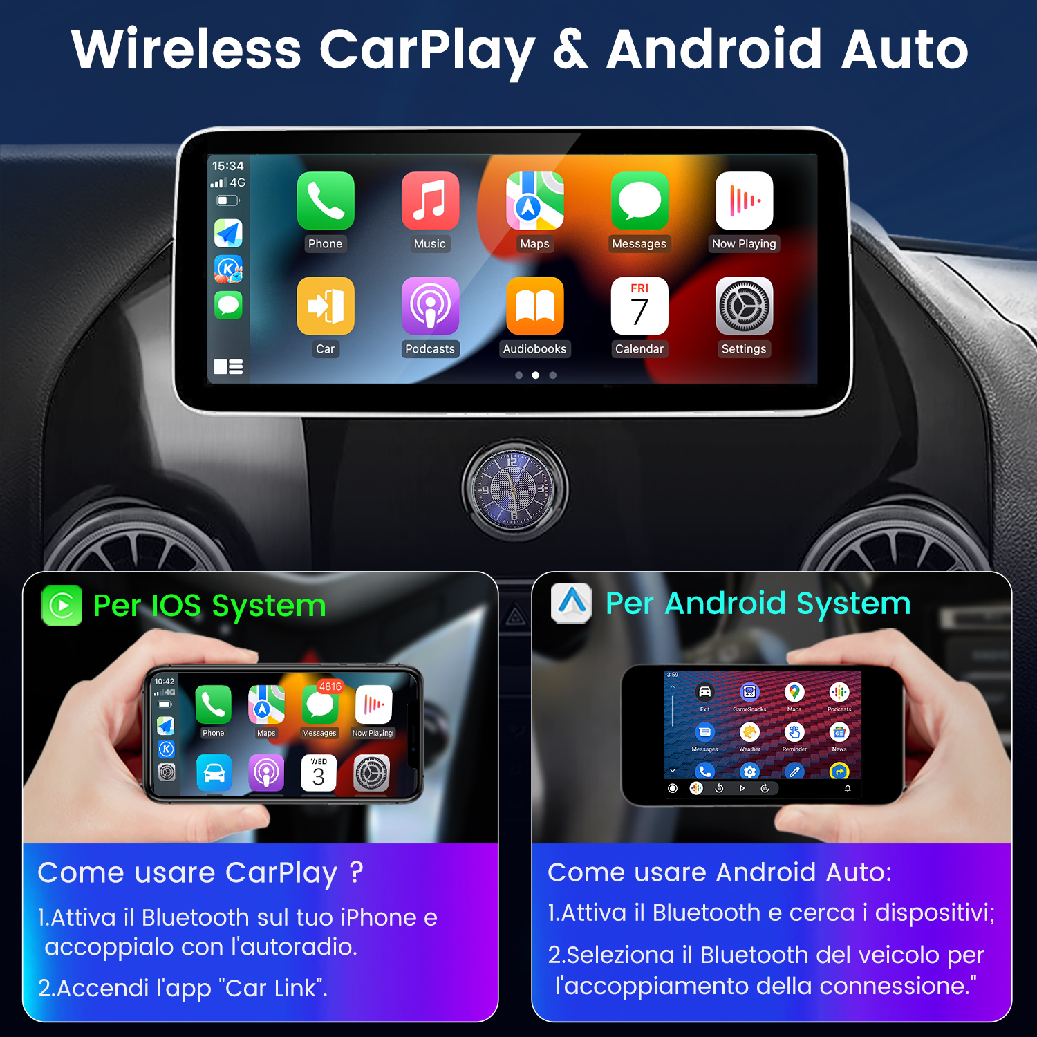 L'immagine mostra uno schermo di infotainment per auto con istruzioni CarPlay e Android Auto. Include telefono, mappe, app musicali e passaggi di connessione.