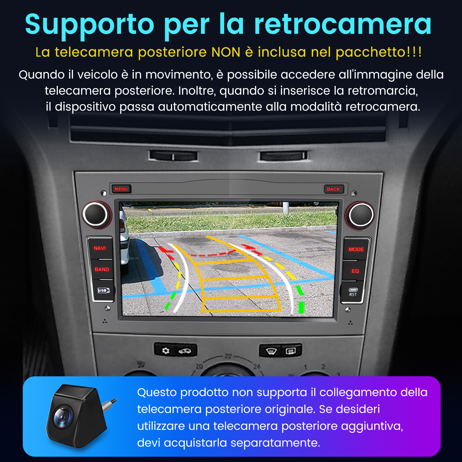 Cruscotto auto che mostra la vista della telecamera di retromarcia. Una piccola telecamera è in basso a sinistra. Testo in italiano spiega le funzioni.