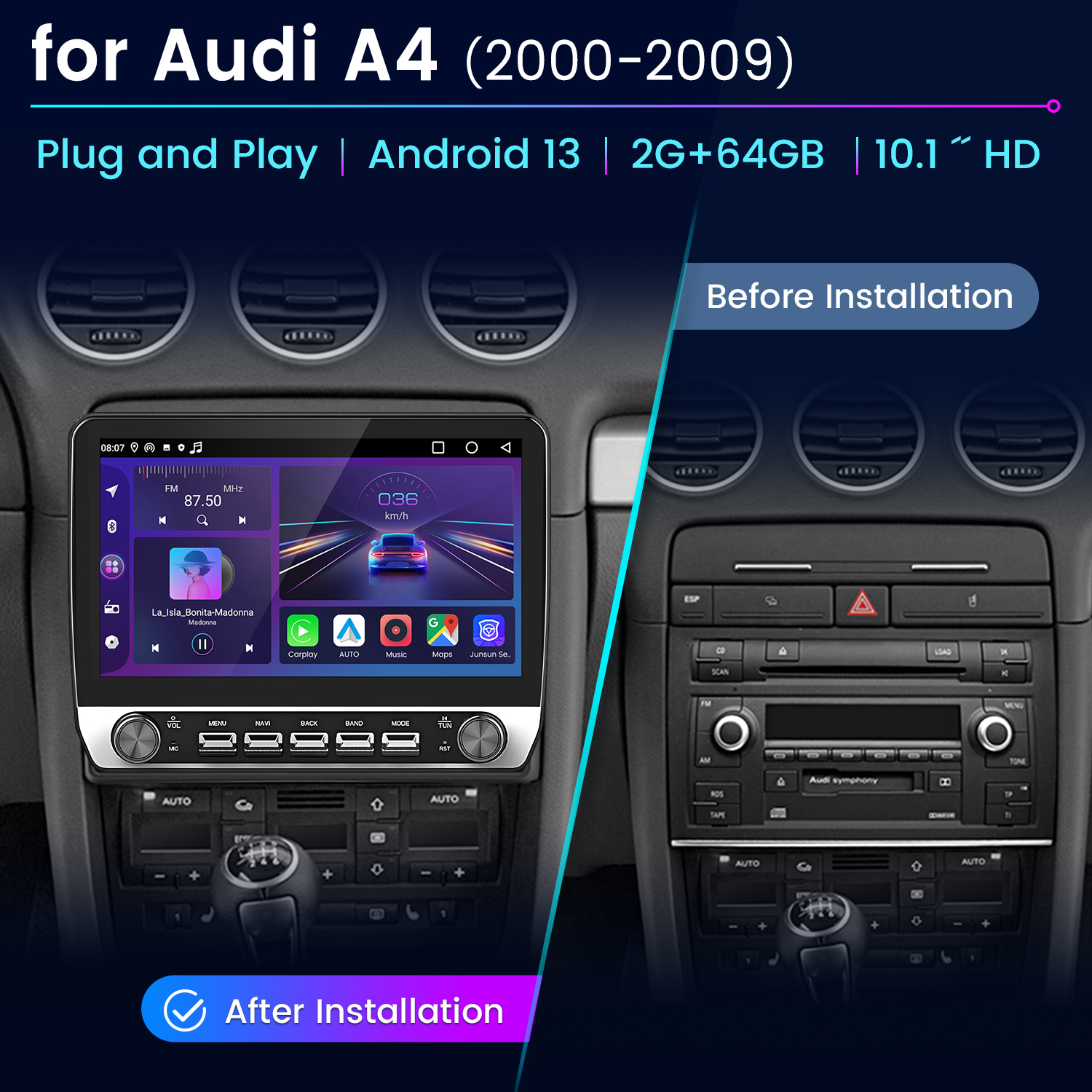 Interni auto mostrano installazione stereo prima/dopo. Il nuovo schermo visualizza radio e info auto, sostituisce stereo.