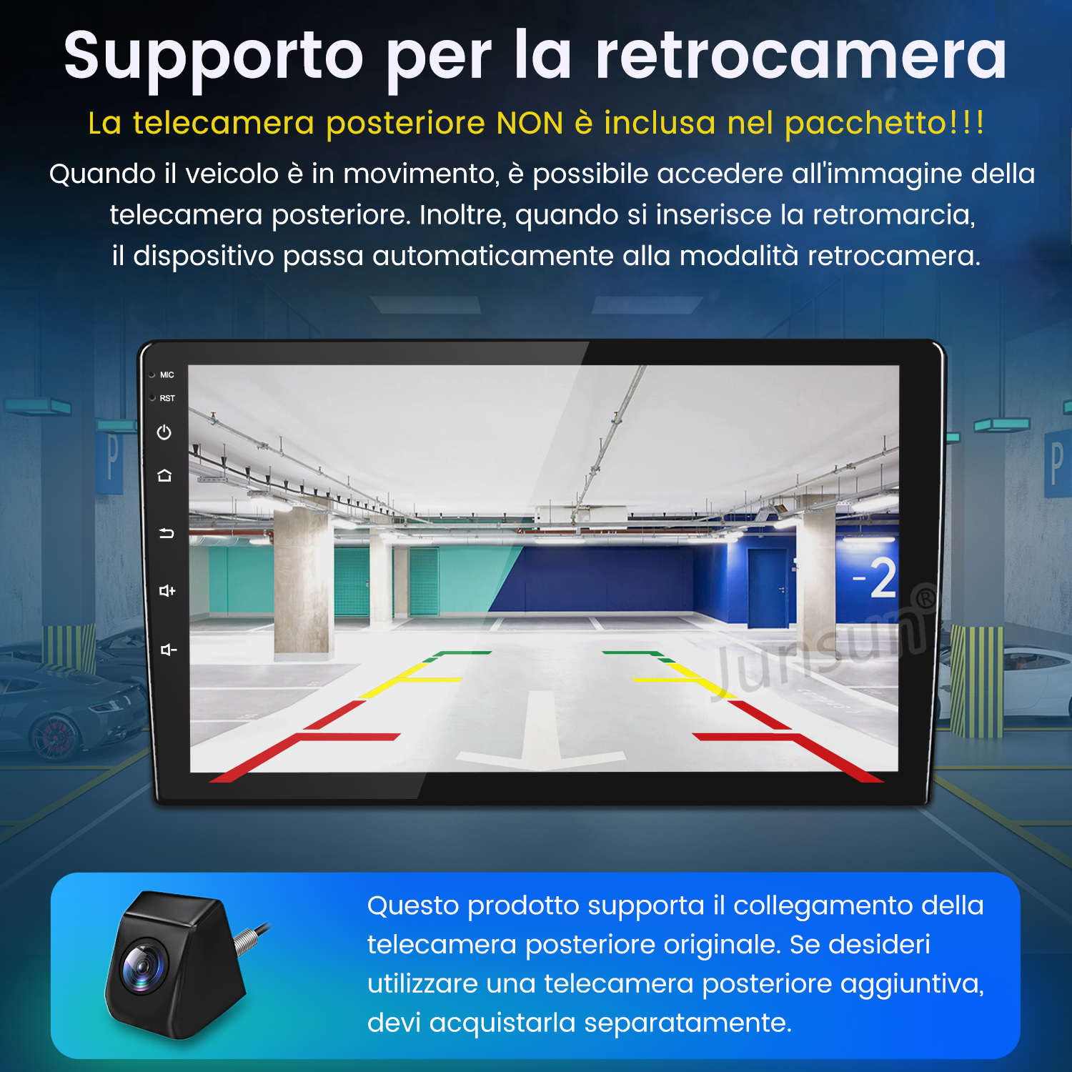 Uno schermo mostra una vista di un garage. Sono visibili anche una telecamera e il testo su un sistema di telecamera posteriore.