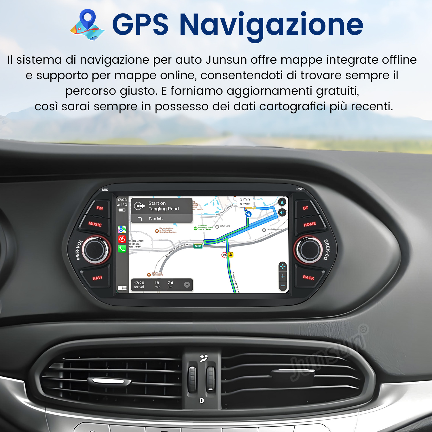 Cruscotto auto con schermo di navigazione GPS che mostra una mappa. Il testo in alto dice 'GPS Navigazione'.