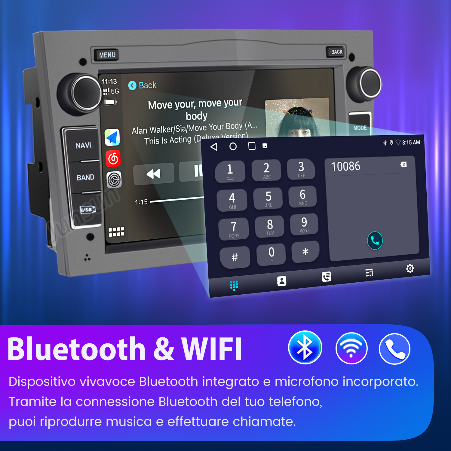 Autoradio con schermo che mostra la riproduzione musicale e un dialer telefonico. Vengono visualizzate le funzioni Bluetooth e WiFi.