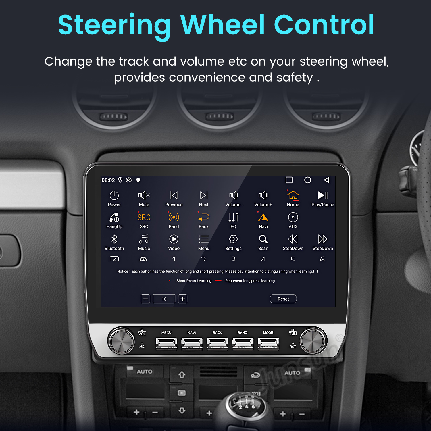 Schermo del sistema multimediale dell'auto che mostra i comandi. Il testo recita 'Controllo del volante'. Sono visibili icone per Bluetooth, musica e navigazione.
