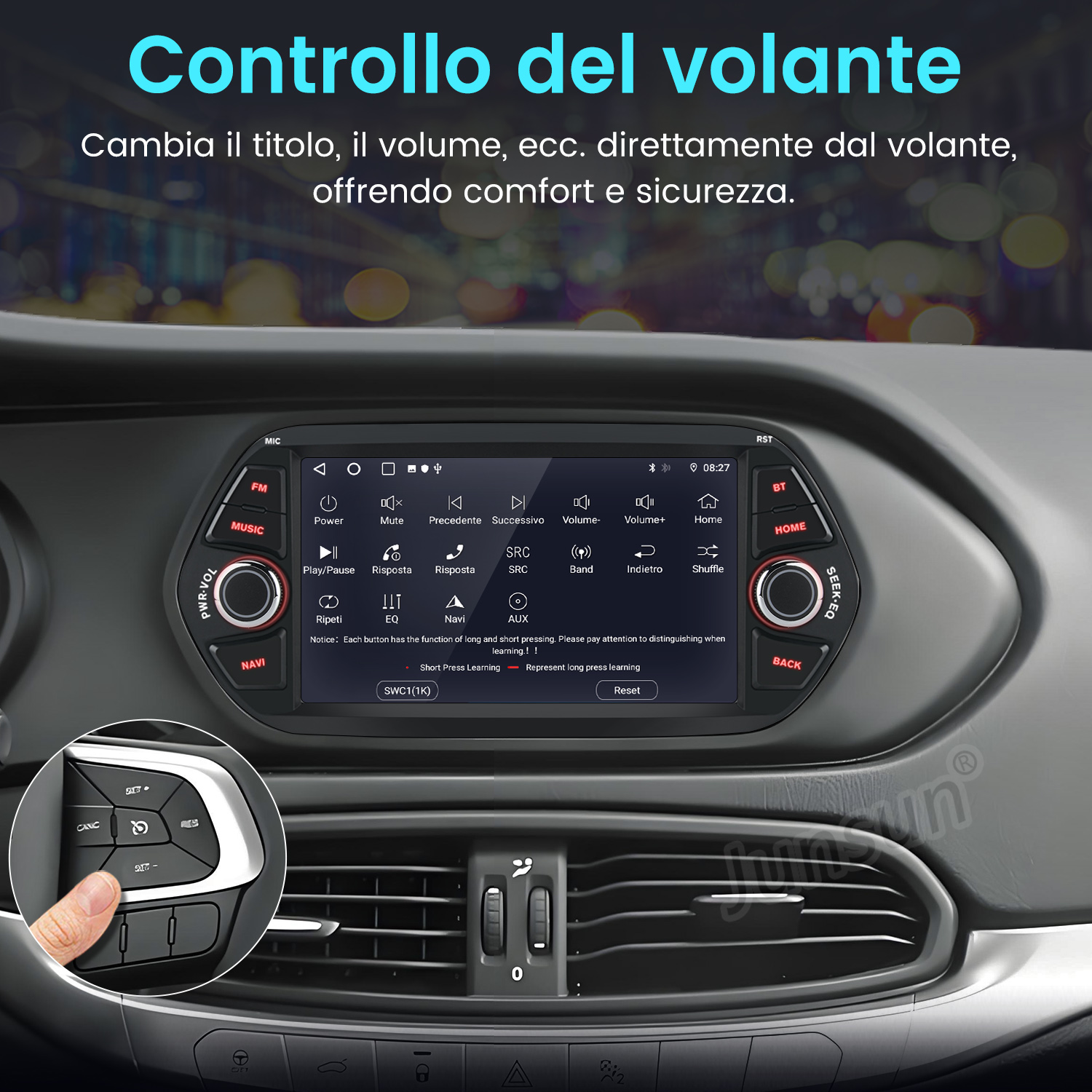Cruscotto auto con schermo che mostra le opzioni. Mano sul pulsante del volante. Il titolo è 'Controllo del volante'.