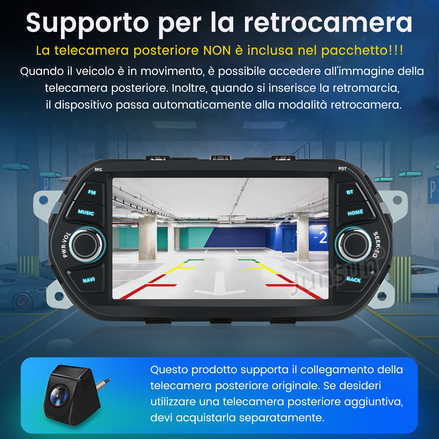 Schermo autoradio che mostra la vista del parcheggio. Include una telecamera e testo in italiano. Pulsanti per musica e navigazione visibili.