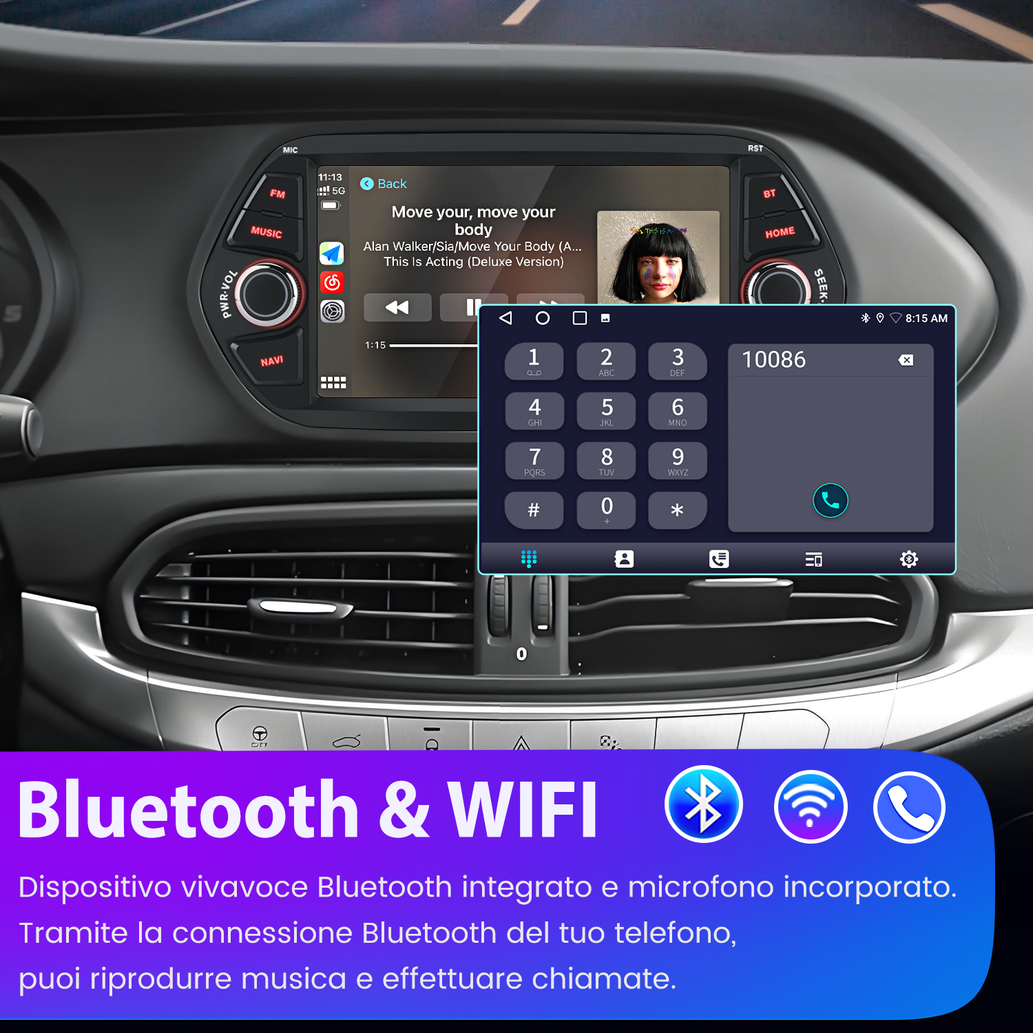 Cruscotto auto con lettore musicale e interfaccia di composizione telefonica. Loghi Bluetooth e WiFi in basso.