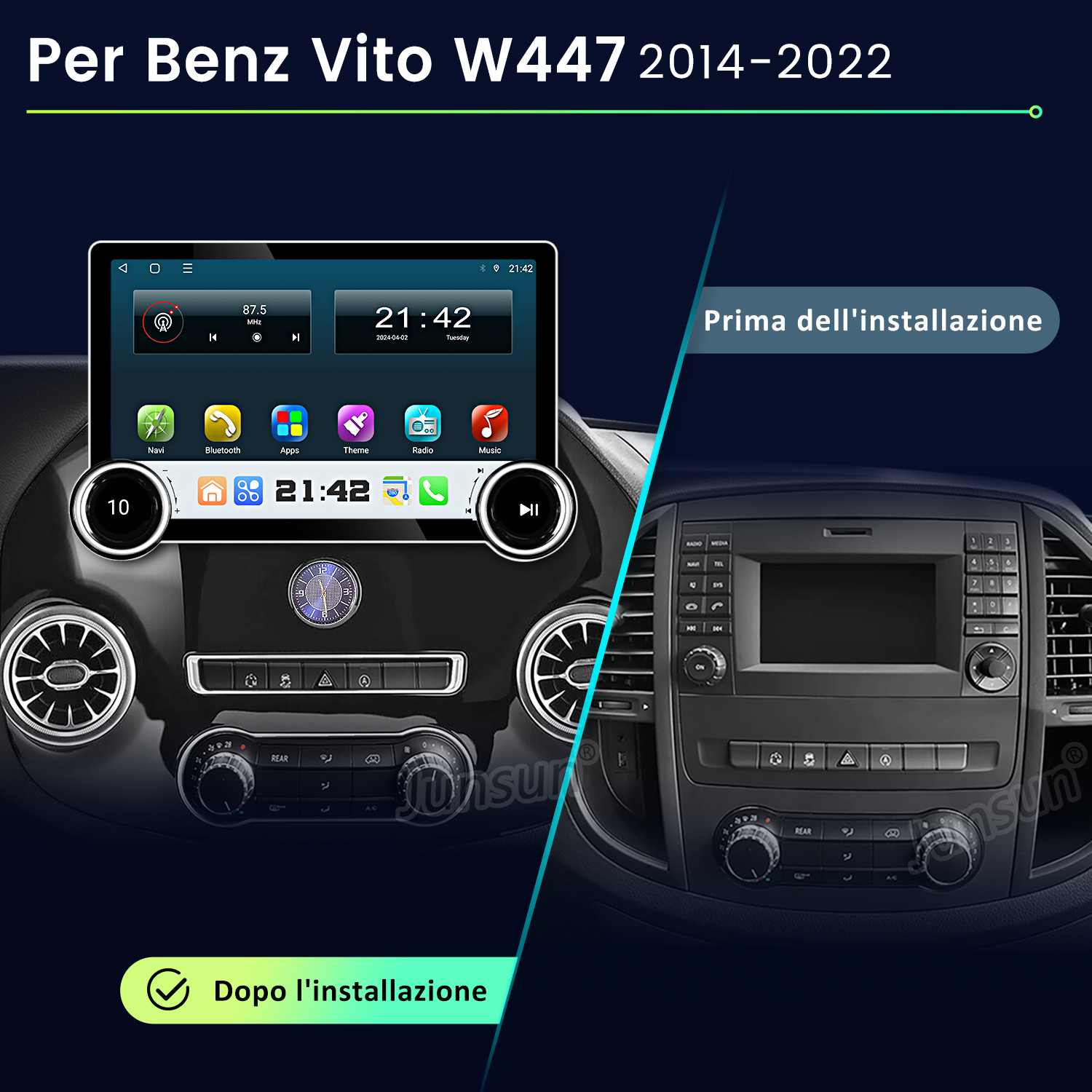 L'immagine mostra il cruscotto dell'auto prima e dopo l'installazione di un nuovo sistema di infotainment. Il nuovo sistema ha un touchscreen.