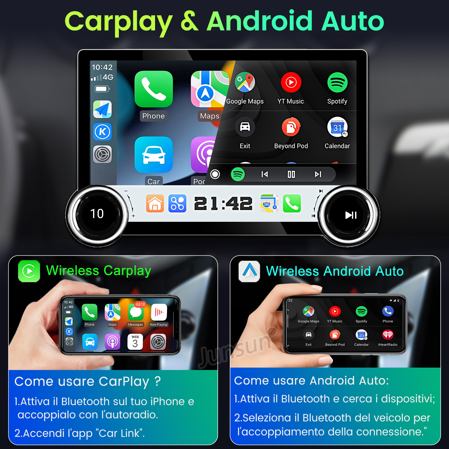 Uno schermo di infotainment per auto mostra le opzioni CarPlay e Android Auto. Due schermi più piccoli mostrano interfacce mobili.