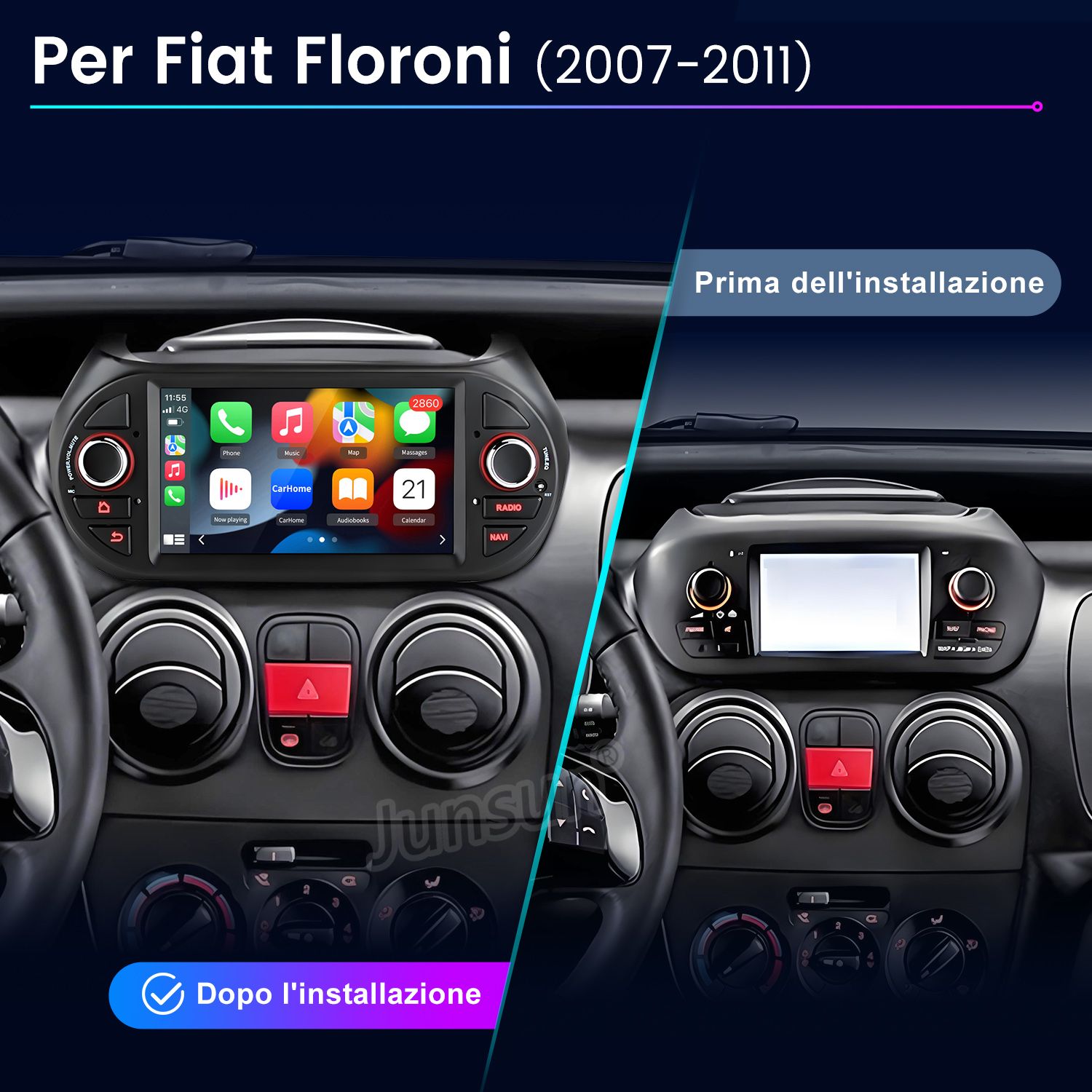 Confronto cruscotto auto: Prima e dopo l'installazione. Display mostra icone app. Sono visibili bocchette aria e comandi.