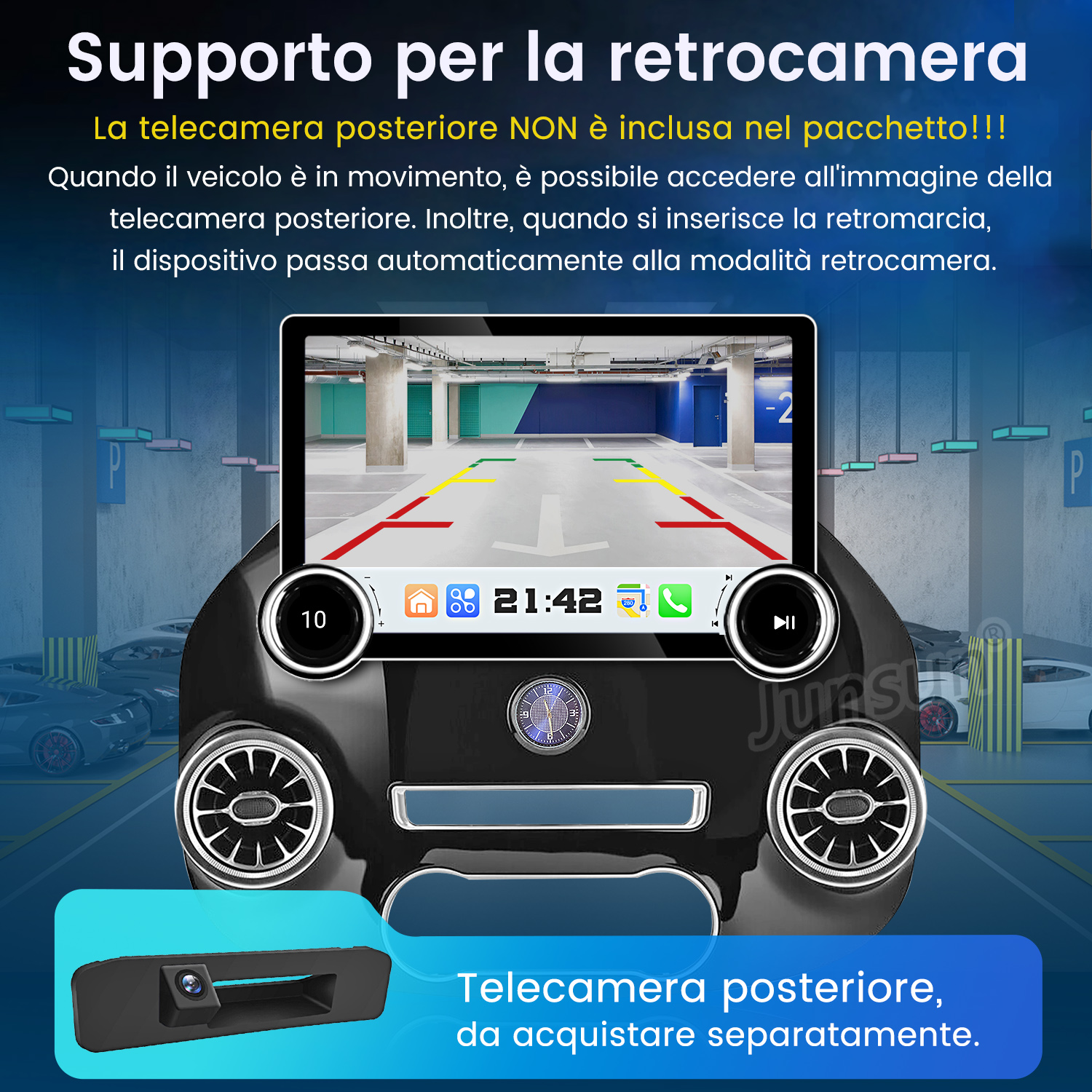 Cruscotto dell'auto che mostra la vista della telecamera posteriore in un garage. Una telecamera è mostrata in basso a sinistra. Testo in italiano.