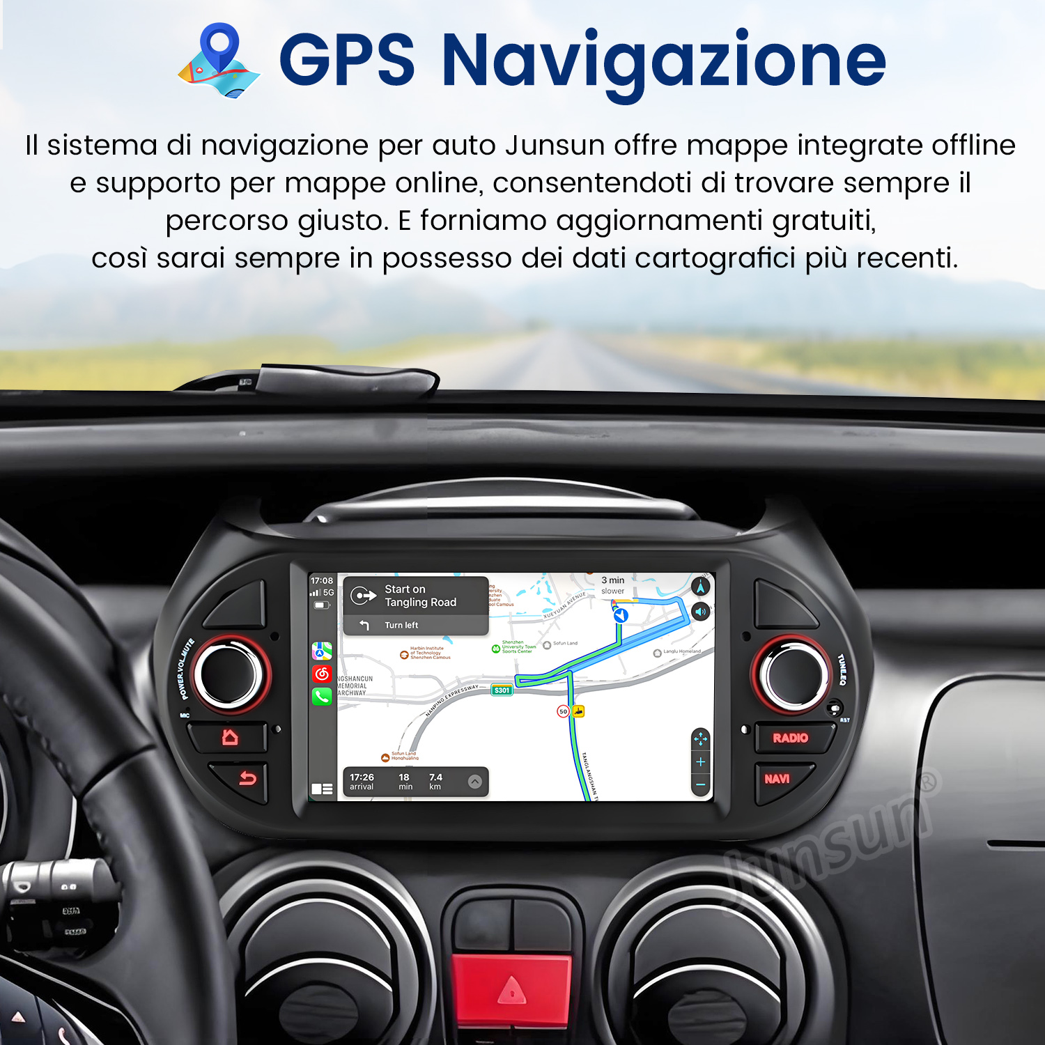Cruscotto auto con schermo di navigazione GPS che mostra una mappa, indicando direzione e percorso. Pulsanti e controlli visibili.