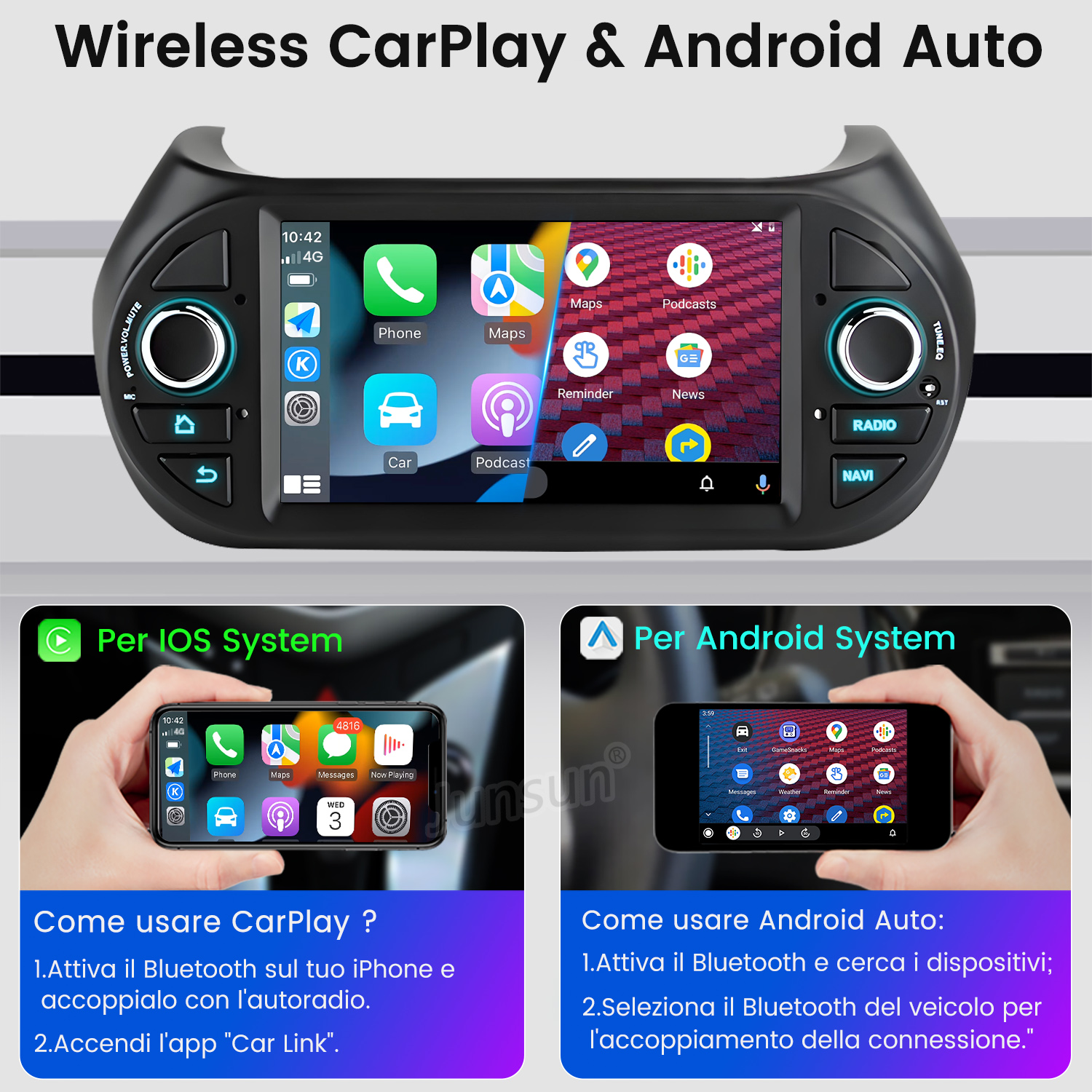 Autoradio con touchscreen che mostra icone di app. Sotto, le istruzioni per la configurazione di CarPlay e Android Auto.