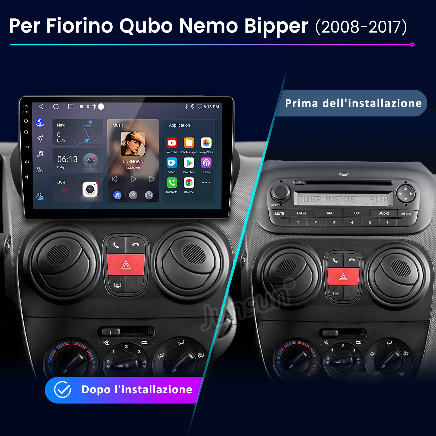 Cruscotto auto con radio pre-installazione e nuovo touchscreen. Il nuovo schermo mostra app e funzioni di navigazione.