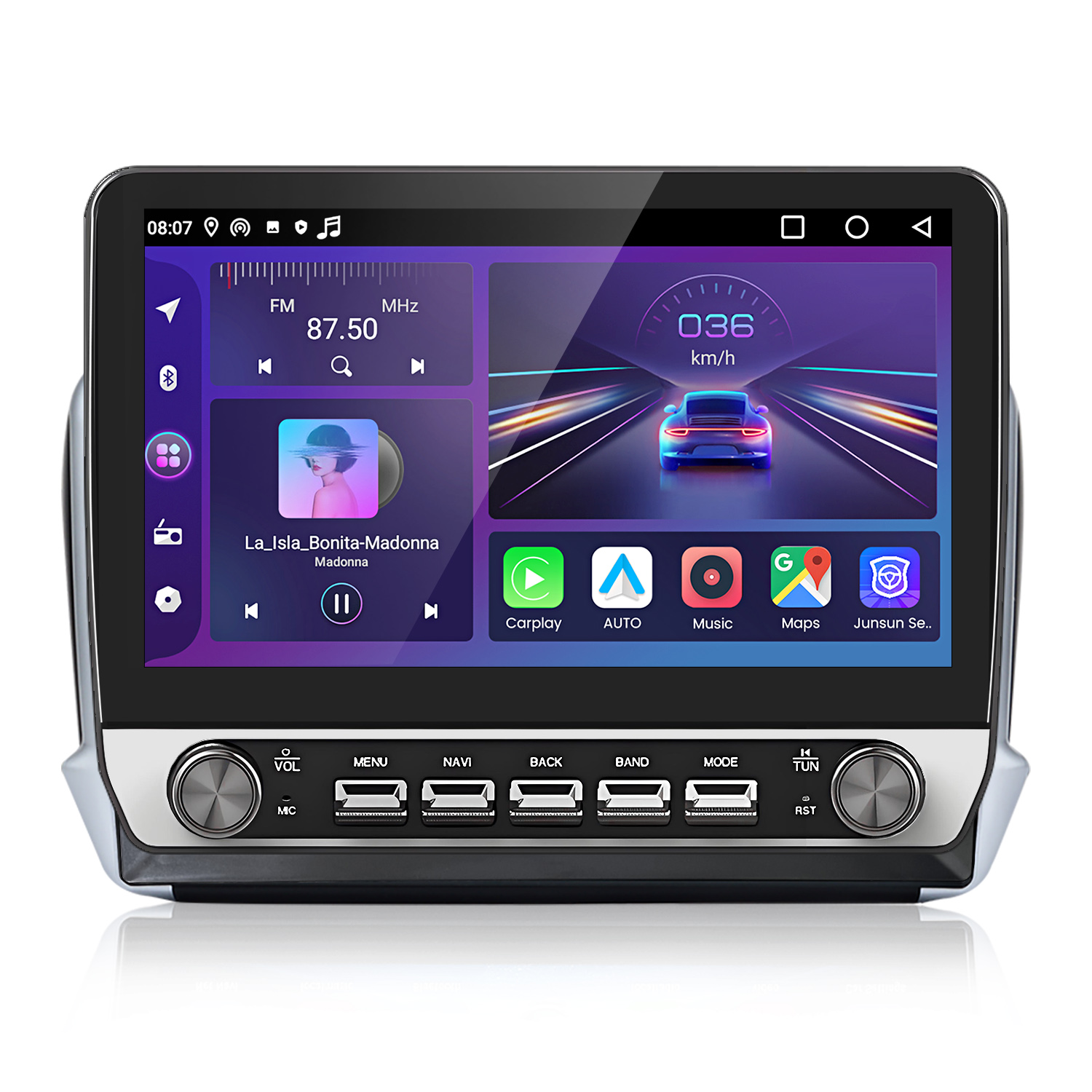 Autoradio con display che mostra musica e velocità dell'auto. Pulsanti per volume, menu, navigazione e funzioni radio visibili.