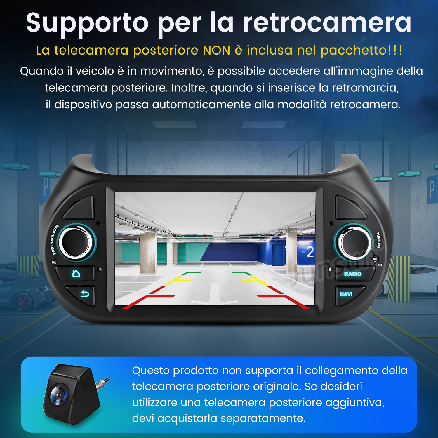 Il monitor dell'auto mostra una vista del parcheggio con linee guida. È necessaria una fotocamera separata. Testo in italiano.