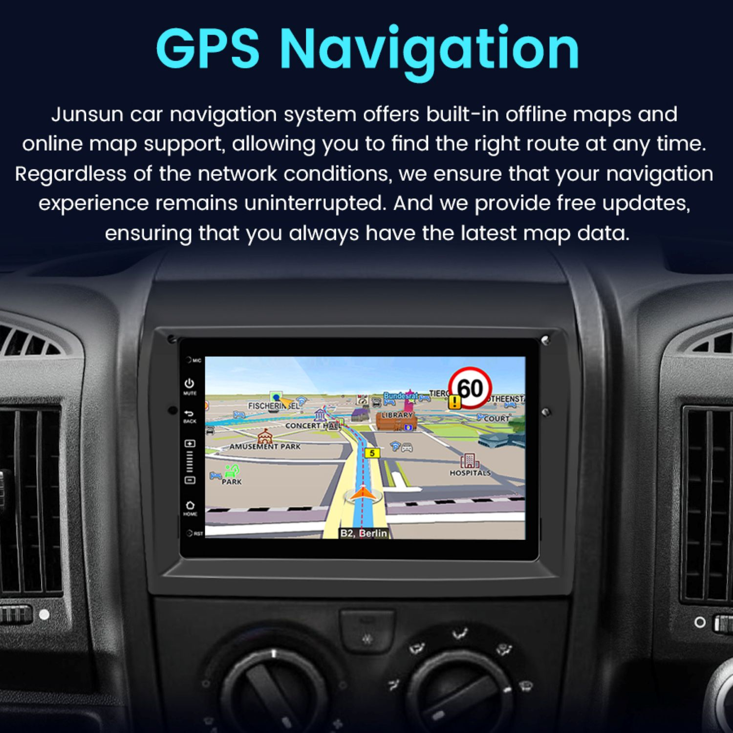 Deska rozdzielcza samochodu z ekranem nawigacji GPS, mapa miasta. U góry: 'GPS Navigation'.