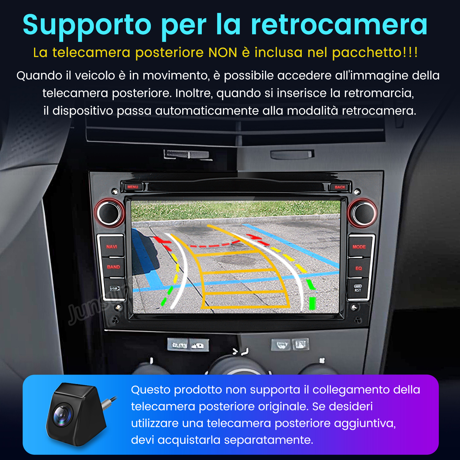 Cruscotto auto con schermo che mostra vista telecamera posteriore. Visibili anche telecamera e testo italiano, che indica le funzionalità.