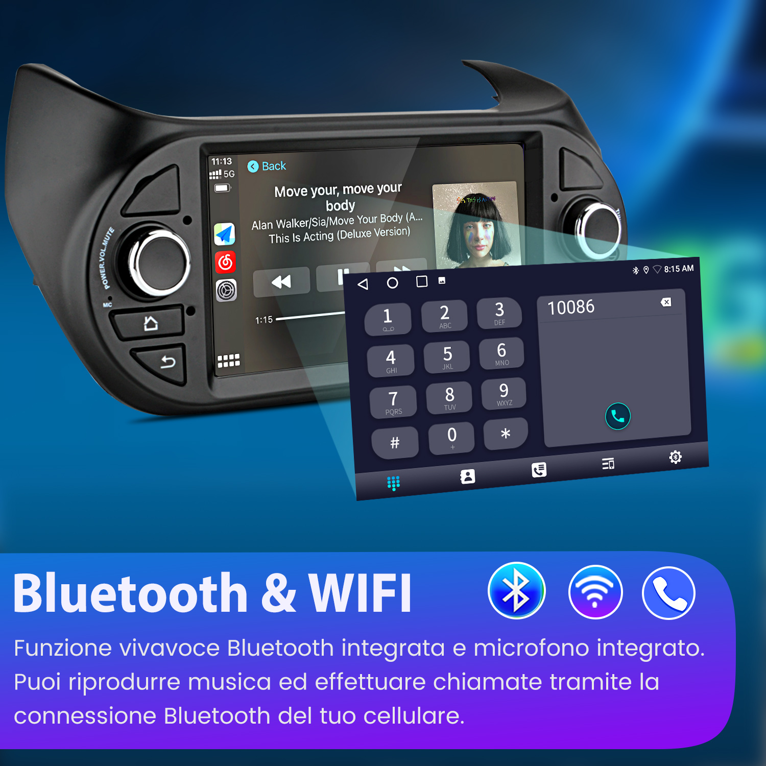 Autoradio con musica. È aperta una tastiera telefonica. Le icone Bluetooth e wifi sono visualizzate sotto lo schermo.
