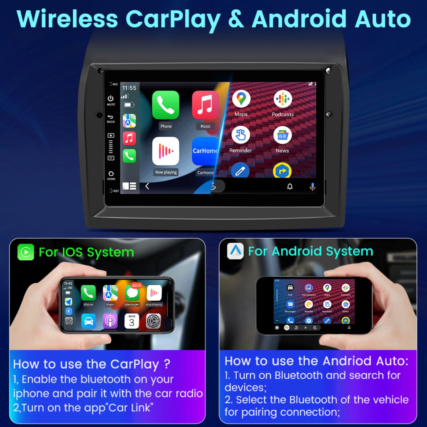 Ekran CarPlay i Android Auto, z ikonami aplikacji. Poniżej instrukcje parowania iOS i Androida z telefonem.
