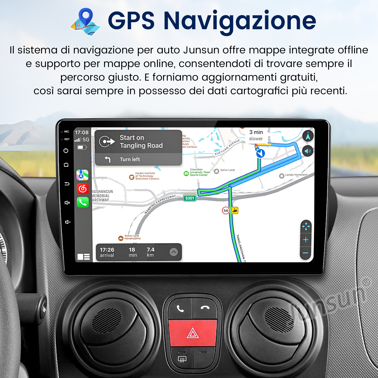 Schermo di navigazione GPS dell'auto che mostra una mappa con indicazioni stradali. Il cruscotto e alcuni pulsanti sono in primo piano.