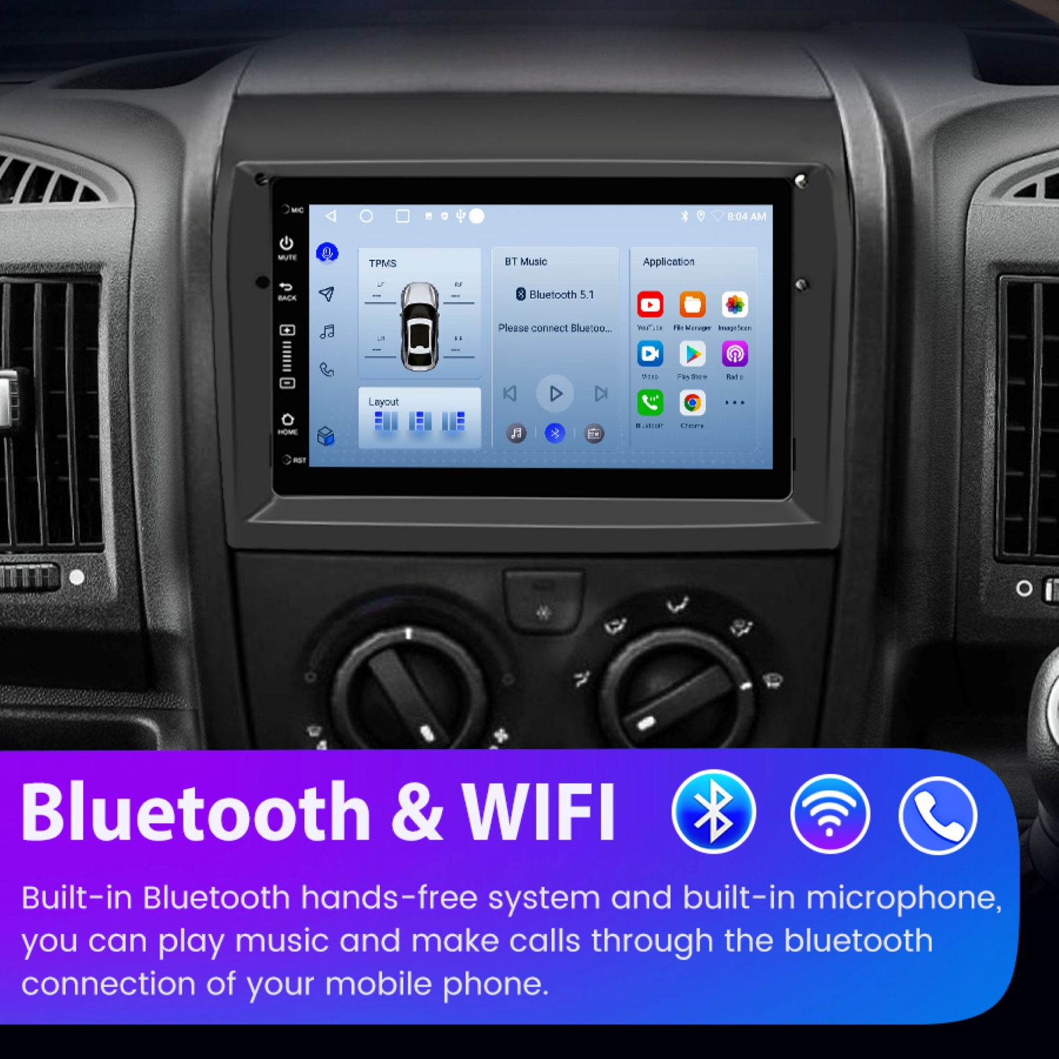 Panel samochodowy z ekranem wyświetlającym Bluetooth 5.1, aplikacje i elementy sterowania samochodem. Tekst u dołu: Bluetooth & WIFI.