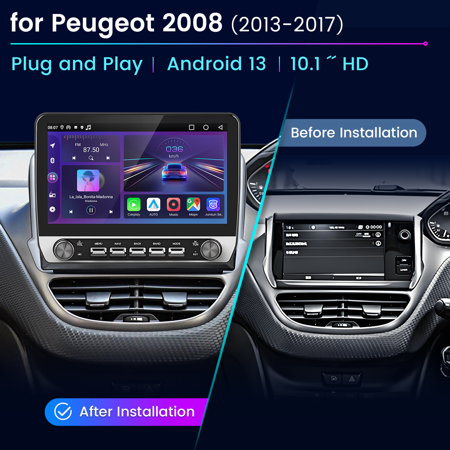 Immagine comparativa dell'autoradio prima e dopo l'installazione, che mostra il nuovo sistema Android a sinistra e il vecchio a destra.