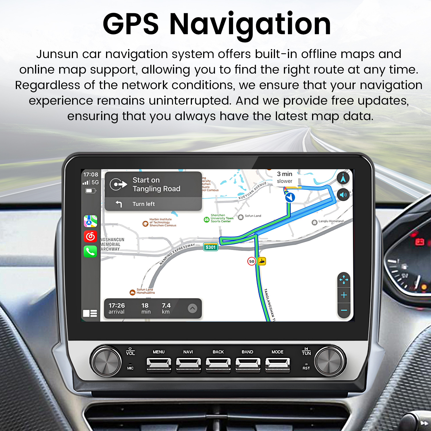 Schermo del sistema di navigazione GPS dell'auto che mostra una mappa. Sono visibili pulsanti e quadranti sotto lo schermo.