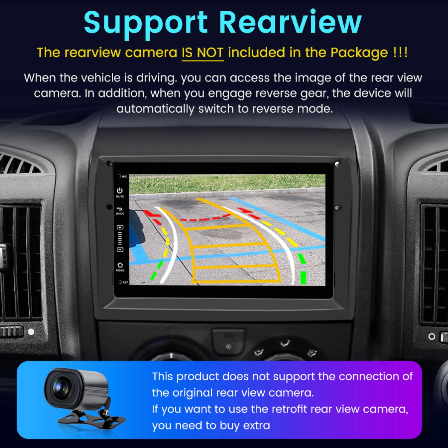 Deska rozdzielcza z ekranem pokazującym widok z tyłu. Kamera widoczna w lewym dolnym rogu. Tekst wspomina kamerę cofania.