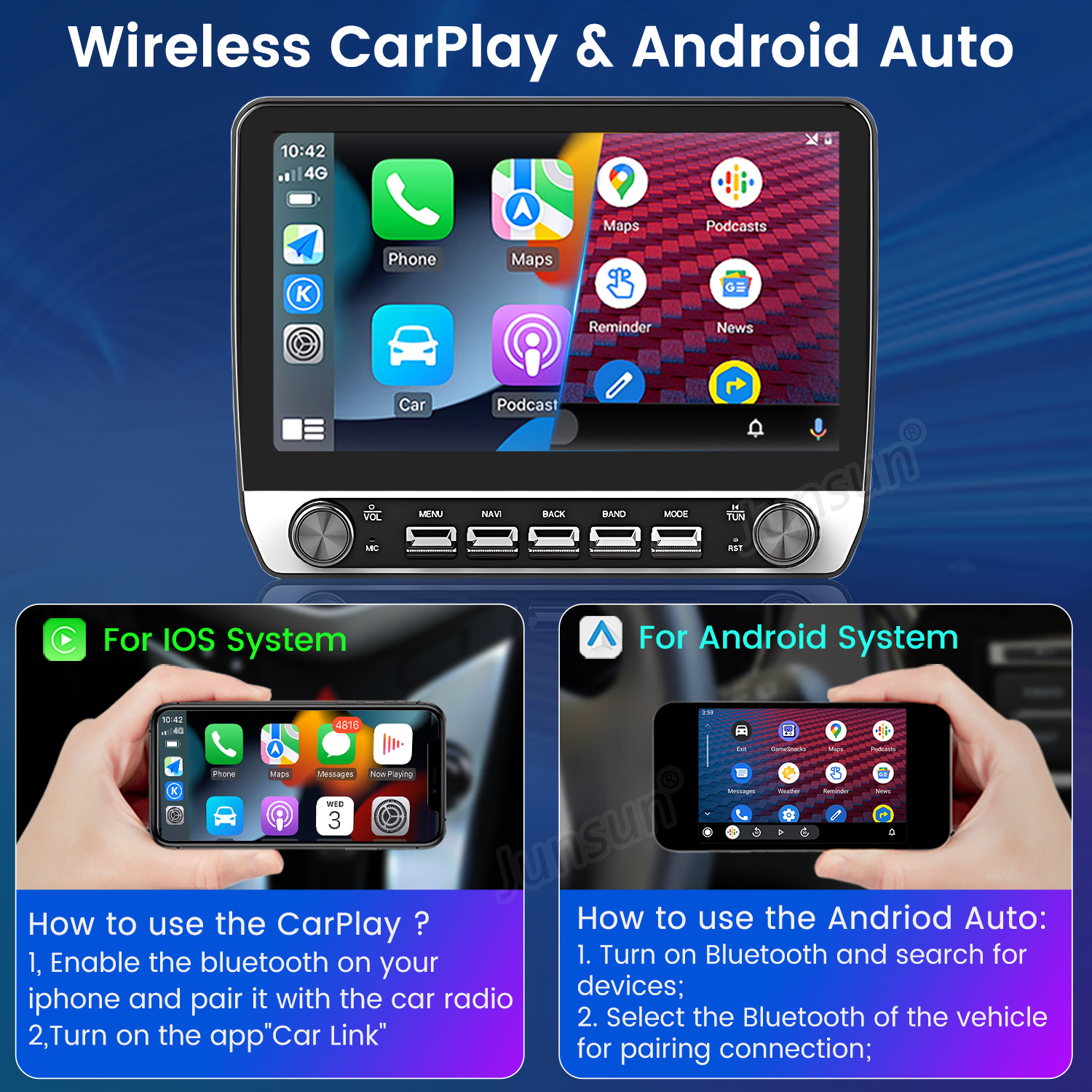 Interfaccia CarPlay e Android Auto. Mostra uno schermo radio per auto e telefoni con istruzioni. Include icone per telefono, mappe e podcast.