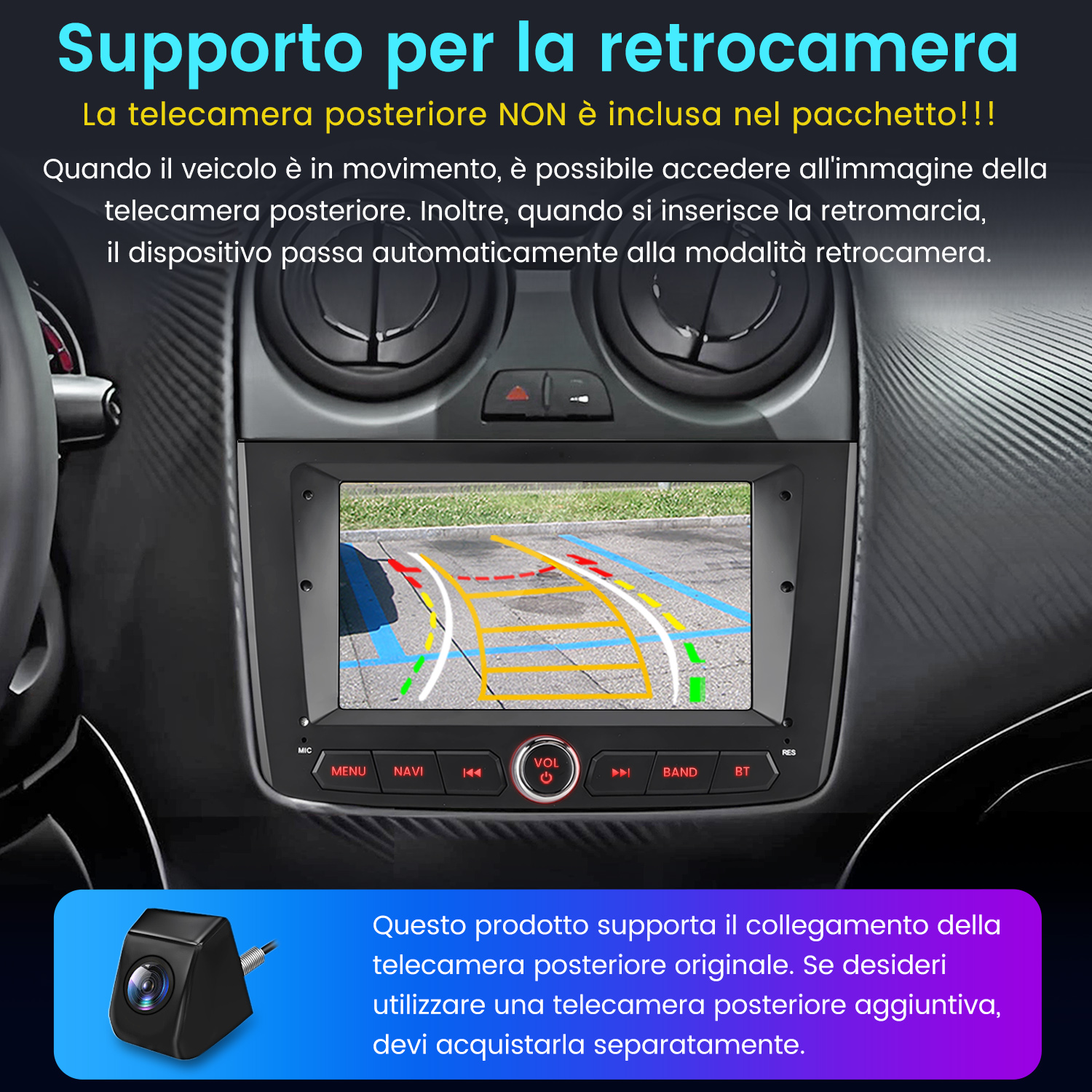 Cruscotto auto con schermo che mostra l'immagine della telecamera posteriore. Piccola telecamera in basso a sinistra.