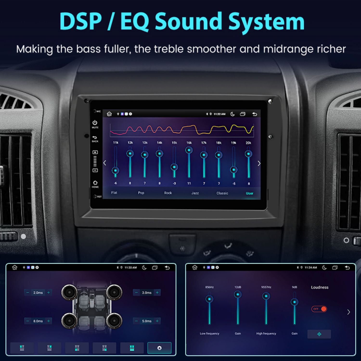 Ekran samochodowego systemu audio z ustawieniami korektora, pokazujący regulacje częstotliwości i opcje dźwięku. Wyświetla interfejs systemu dźwiękowego DSP/EQ.