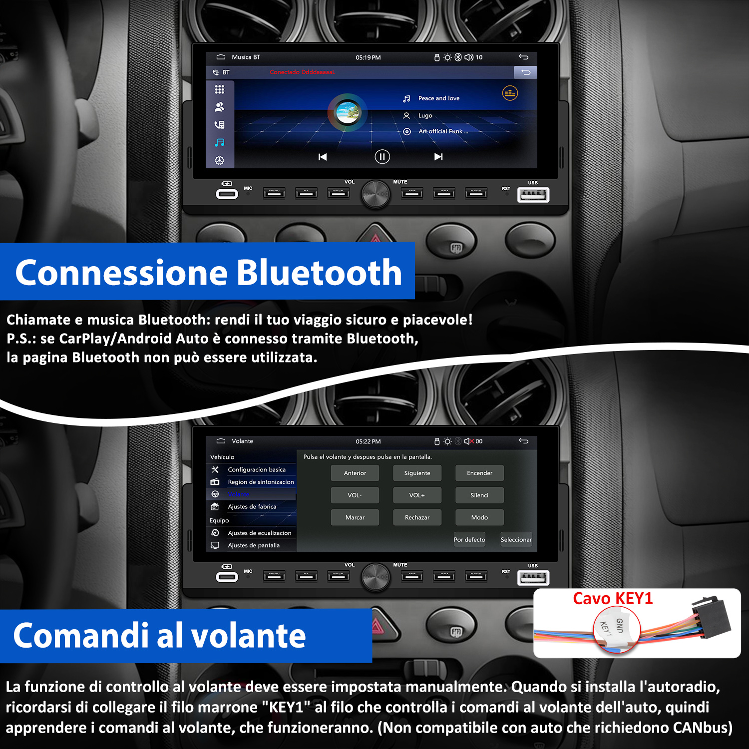 Autoradio con connessione Bluetooth e controlli al volante. Testo in italiano che spiega le impostazioni delle funzioni dell'auto.