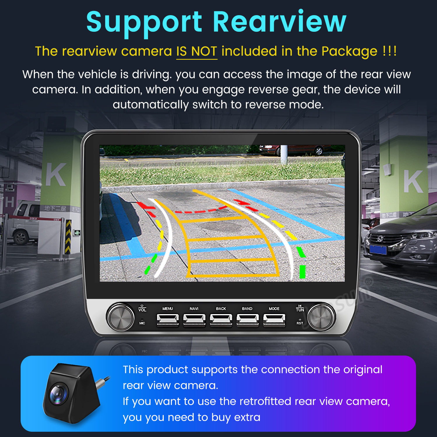 Il display del sistema di infotainment dell'auto mostra una vista del parcheggio con linee guida. Viene mostrata una telecamera separata, con testo sottostante.