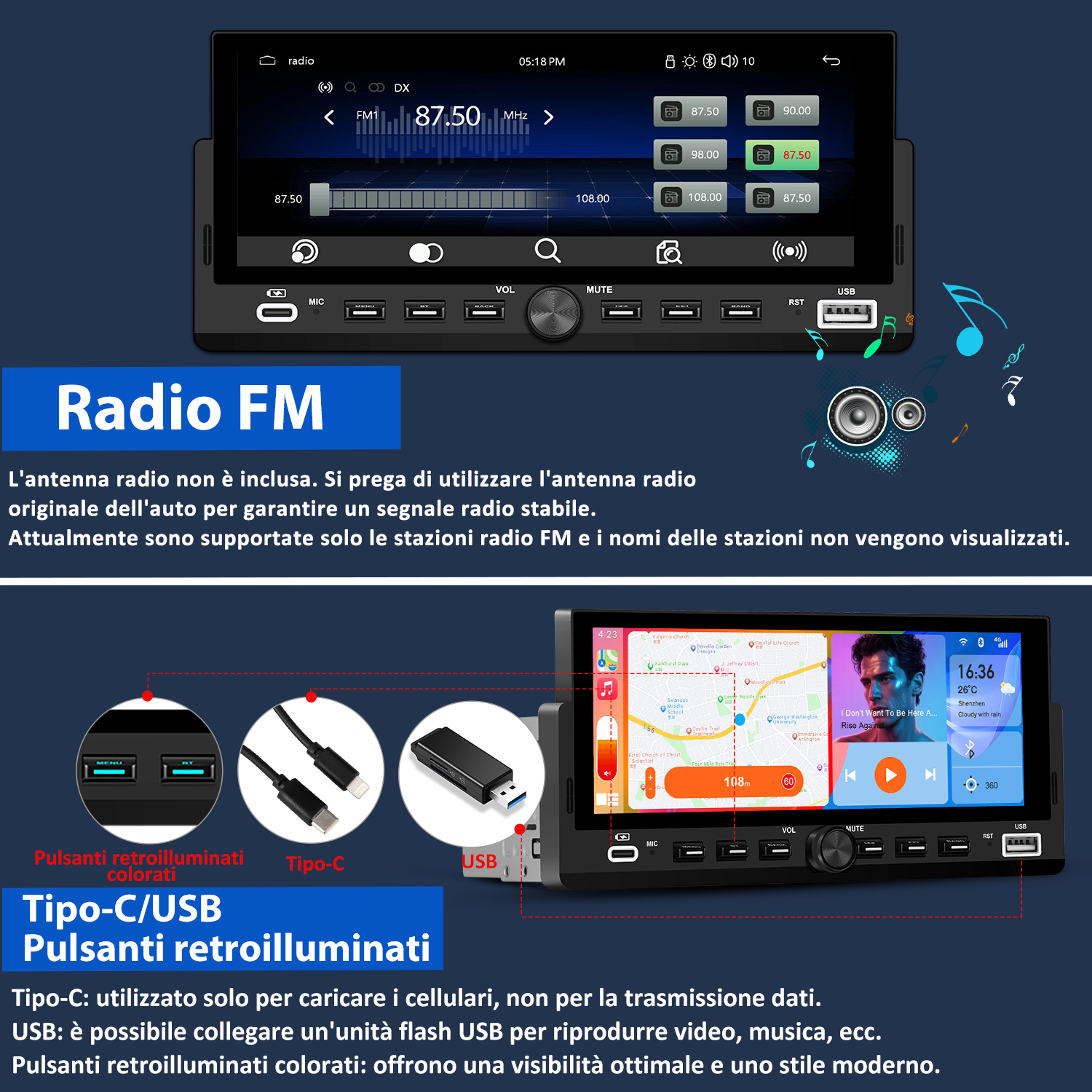 Autoradio con display radio FM, mappa e ora. Mostra porte USB, Tipo-C e pulsanti illuminati. La frequenza radio è 87,50 MHz.