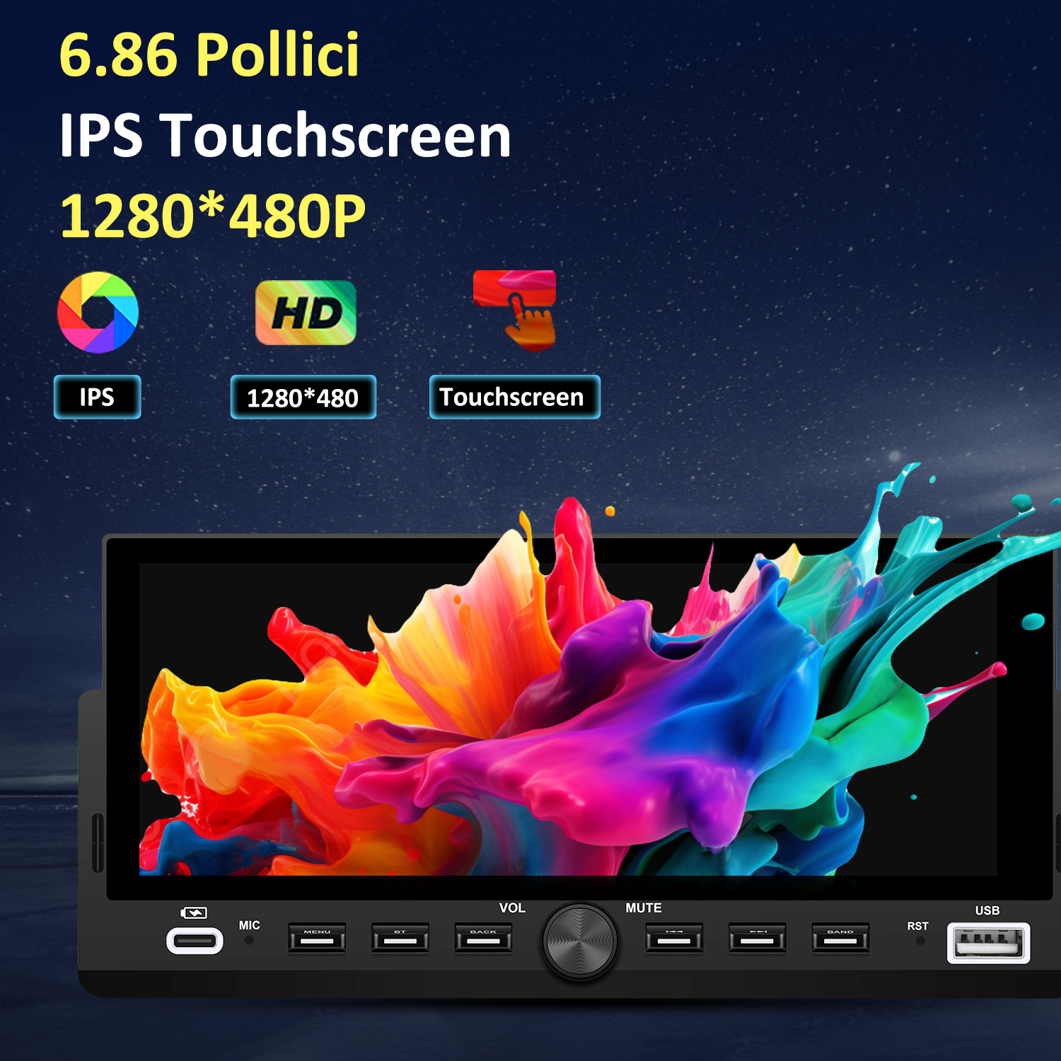 Un sistema multimediale per auto con un design astratto colorato sullo schermo. Il testo indica touchscreen IPS, risoluzione 1280*480P e porte.