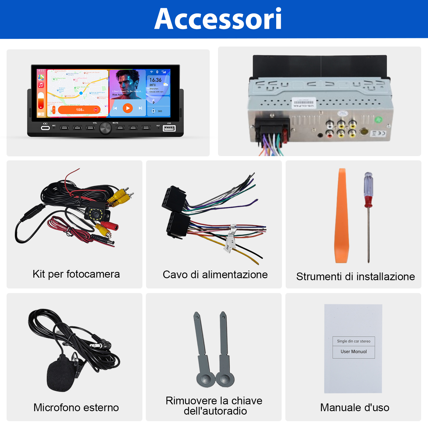 Accessori autoradio: unità principale, kit telecamera, cavo alimentazione, strumenti, microfono esterno, chiavi, manuale utente.
