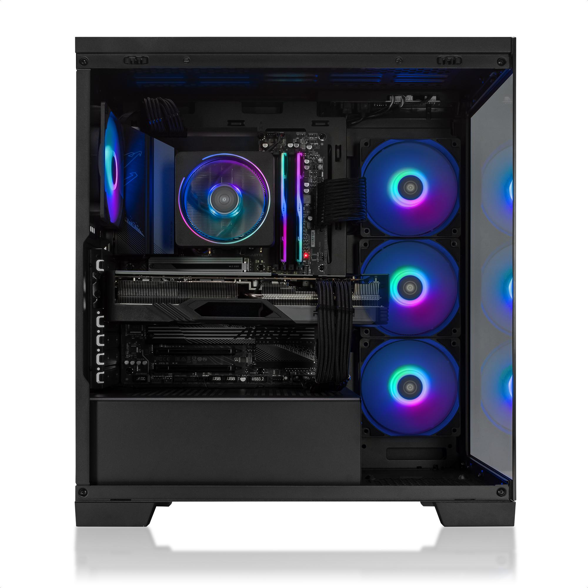 All'interno di un case nero per computer, i componenti includono un dissipatore CPU, una GPU, RAM e ventole con illuminazione RGB.