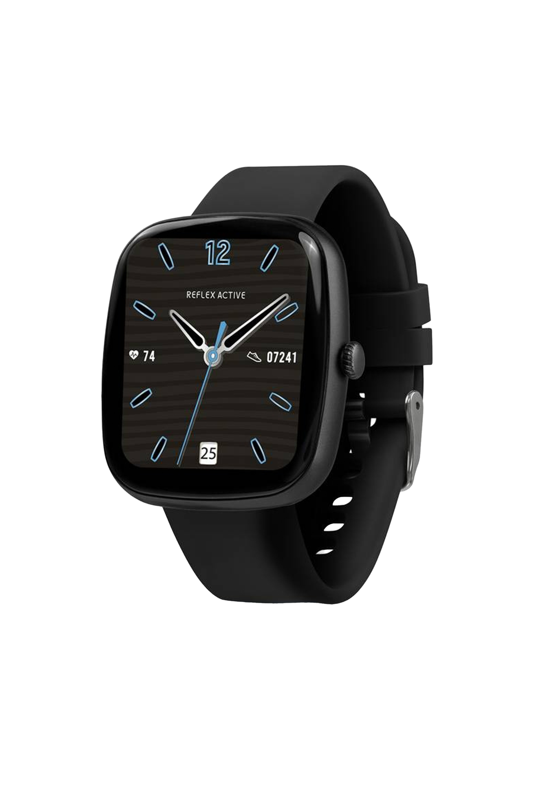 Eine schwarze Smartwatch mit quadratischem Zifferblatt zeigt Zeit und andere Daten an. Die Uhr hat ein schwarzes Armband und eine silberne Schnalle.