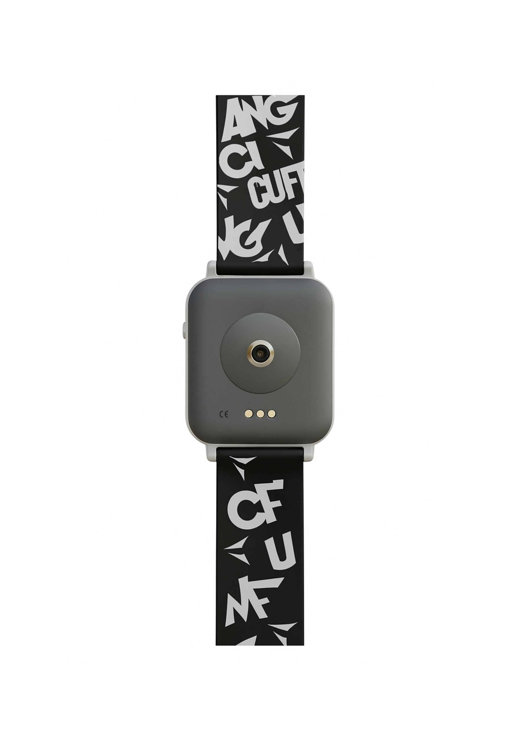 Rückansicht einer Smartwatch mit schwarzem Armband und weißen Buchstaben. Das Uhrengehäuse ist grau. Weißer Hintergrund.