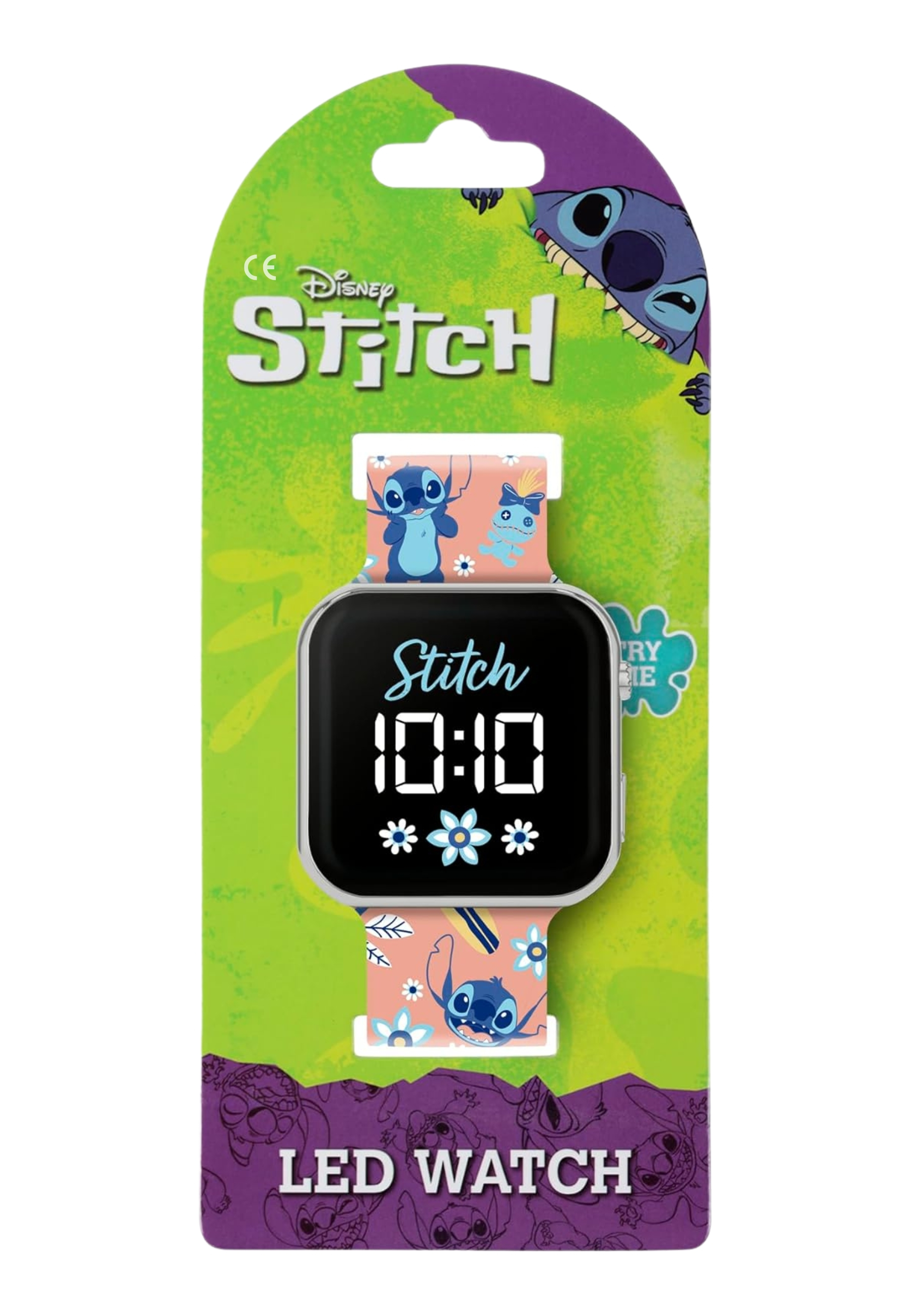 Stitch LED-Uhr auf grünem Hintergrund. Die Uhr zeigt 10:10. Sie hat ein rosa Armband mit Stitch- und Blumendesigns.