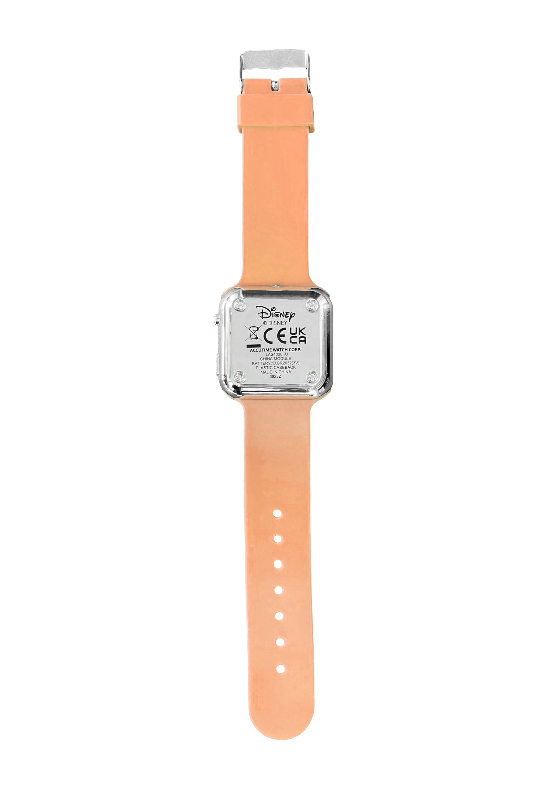 Eine pfirsichfarbene Disney-Uhr liegt flach. Die Uhr hat ein quadratisches Zifferblatt und ein passendes Armband.