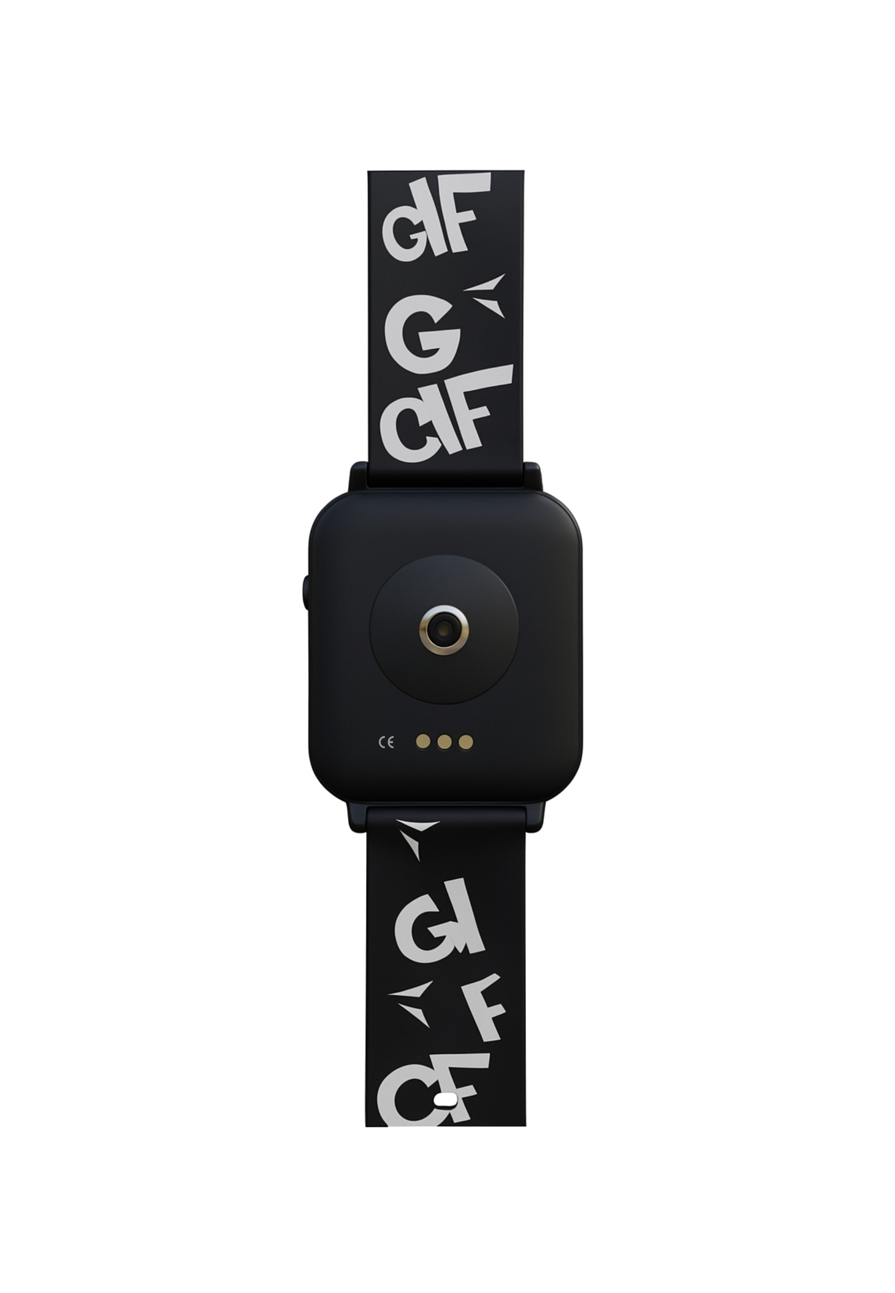 Schwarze Smartwatch auf Weiß. Das Armband hat weißen Text 'GIF'. Die Uhr hat eine Kamera und drei Punkte.