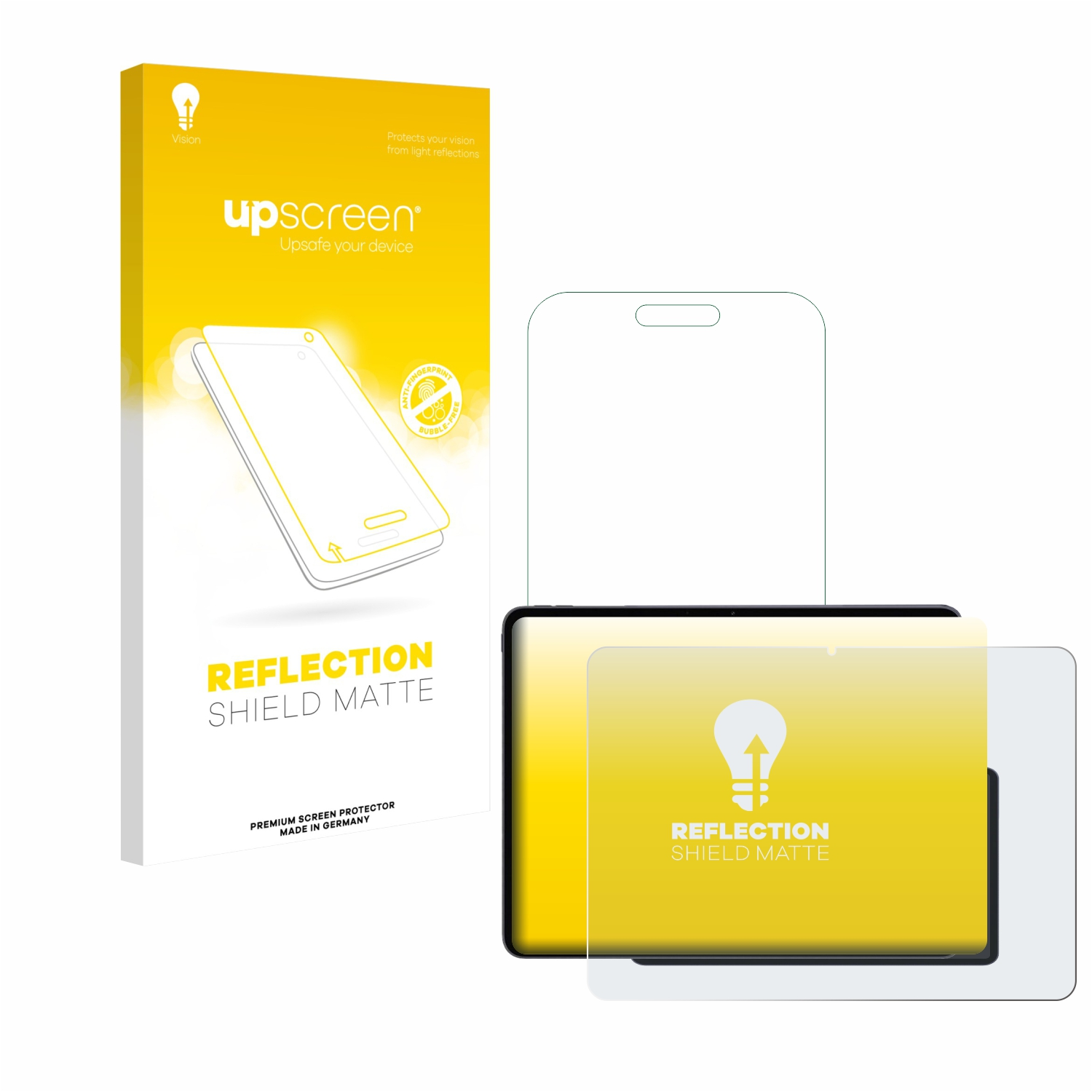 Eine gelbe und weiße Schachtel mit einem Telefonschutz und einem Tablet mit Displayschutz. Der Text lautet 'Reflection Shield Matte'.