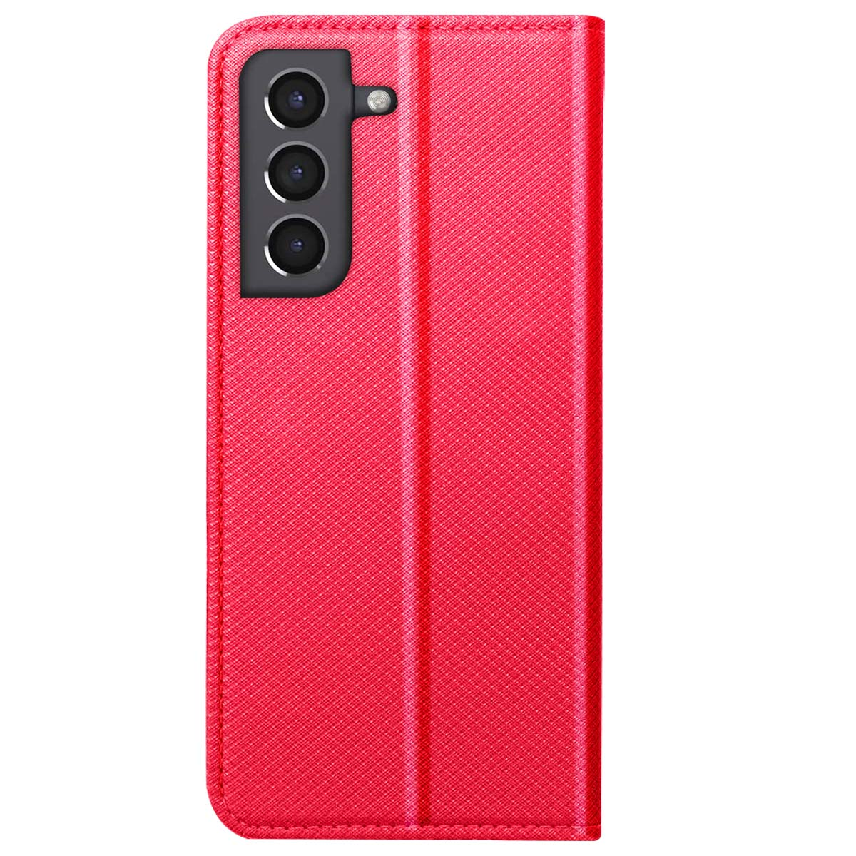 È mostrata una custodia rossa per telefono, con una superficie strutturata. Ha un modulo fotocamera e una chiusura magnetica.