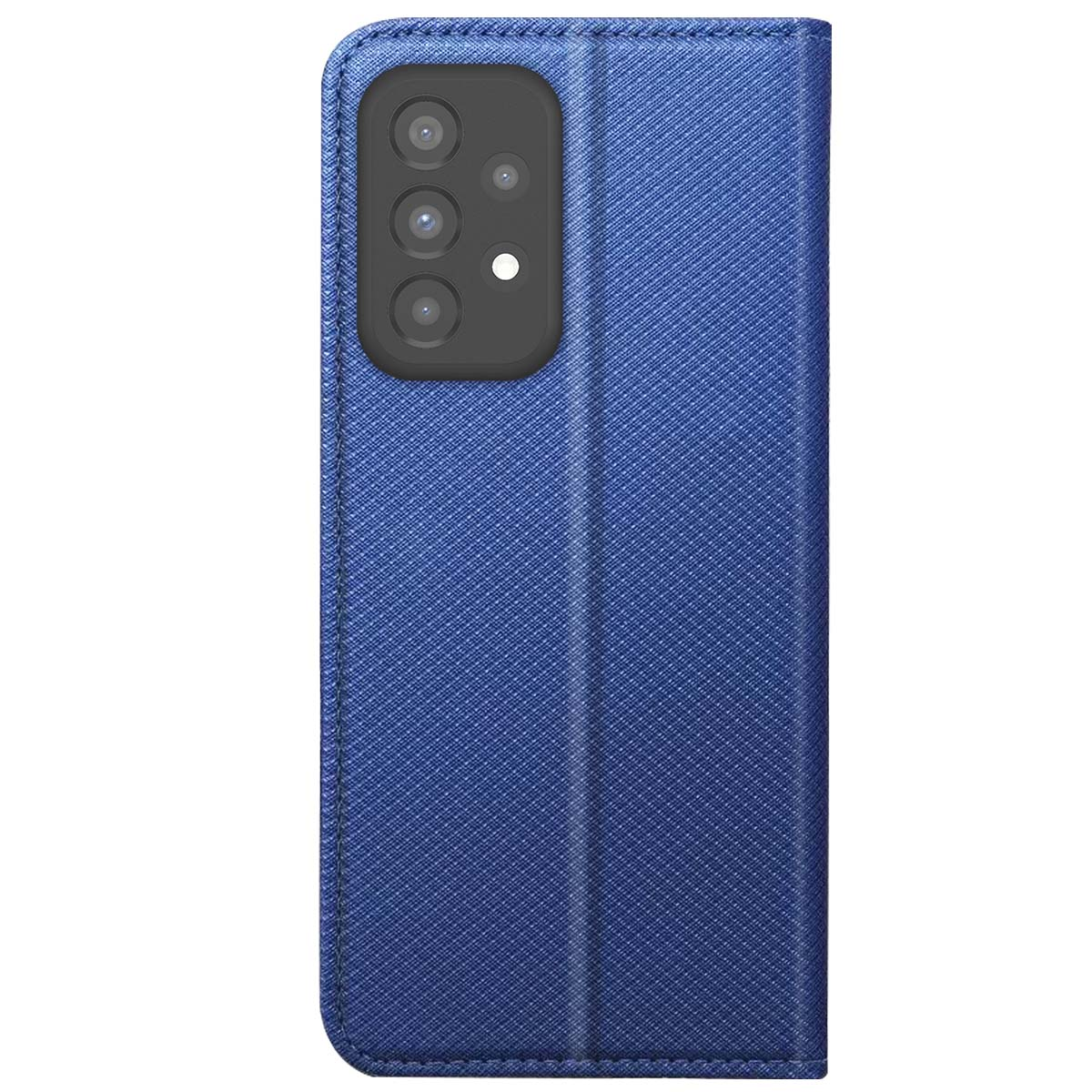 Una custodia blu per telefono, con modulo fotocamera visibile. La custodia è chiusa, con superficie strutturata. Lo sfondo è bianco.