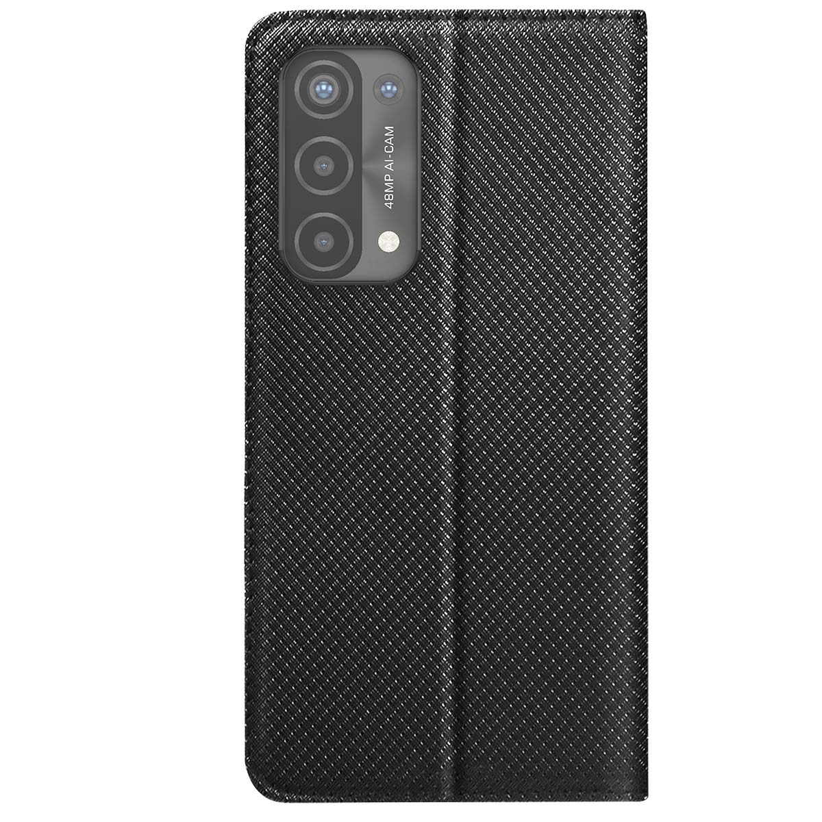 Custodia per telefono nera con superficie strutturata, modulo fotocamera visibile. La custodia è aperta.