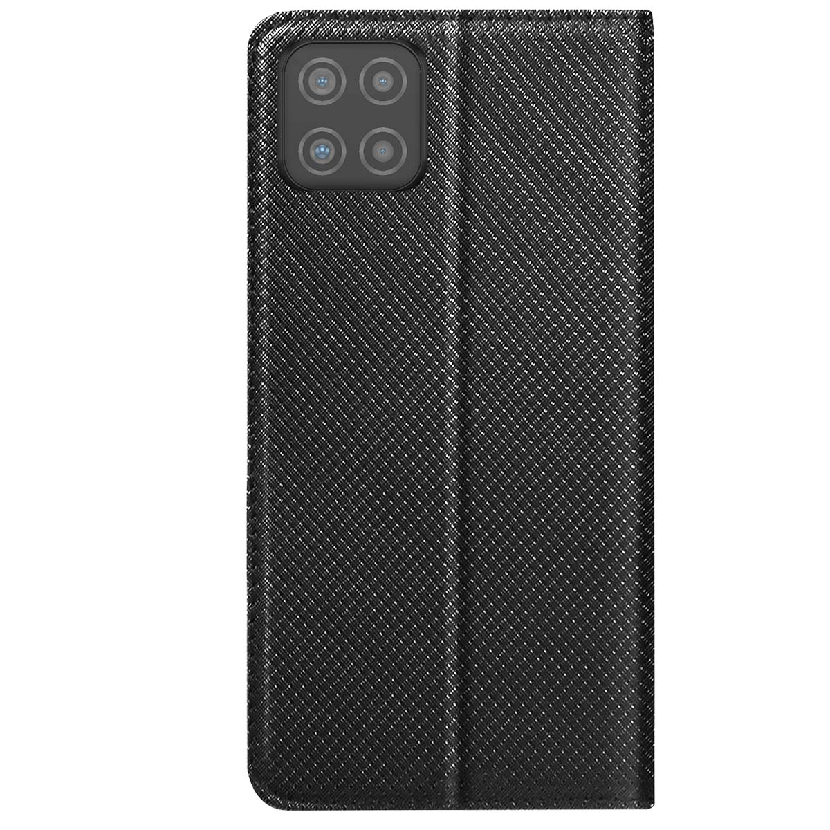 Custodia nera per telefono con lenti della fotocamera visibili. Superficie strutturata. Design pieghevole. Sfondo scuro con spazio bianco.