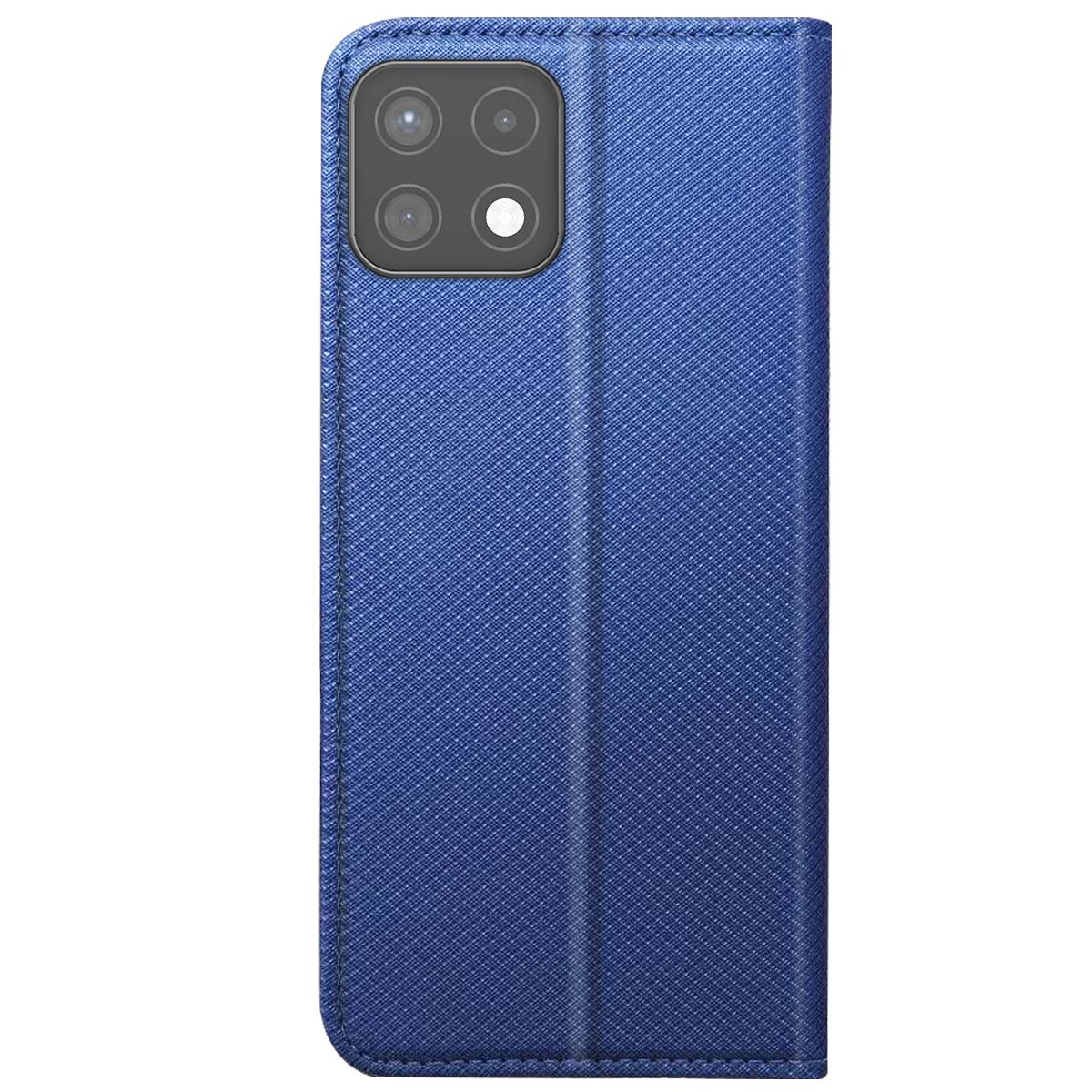 Una custodia blu per telefono con superficie strutturata. Ha un modulo fotocamera con quattro lenti. La custodia è chiusa.